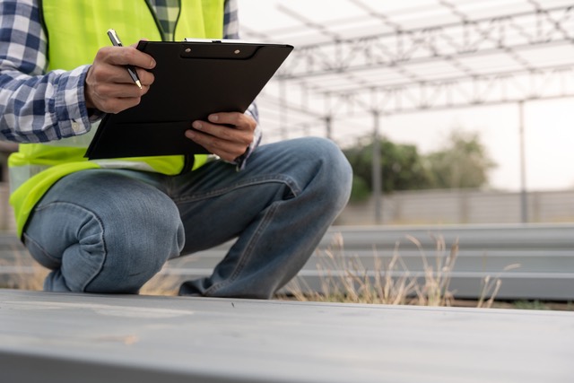 An inspector in a high-visibility vest making notes on a clipboard